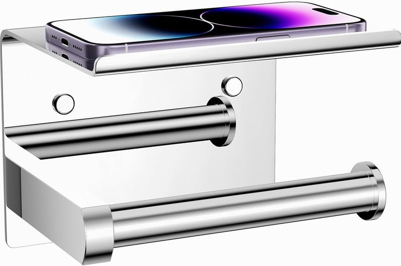 Tindbea Toilet Paper Holder with Phone Shelf, Adhesive or Screw Wall Mount Toilet Tissue Roll Holder, Rustproof & Multifunctional Stainless Steel Bathroom Storage Dispenser (Polished Chrome) - Image 1